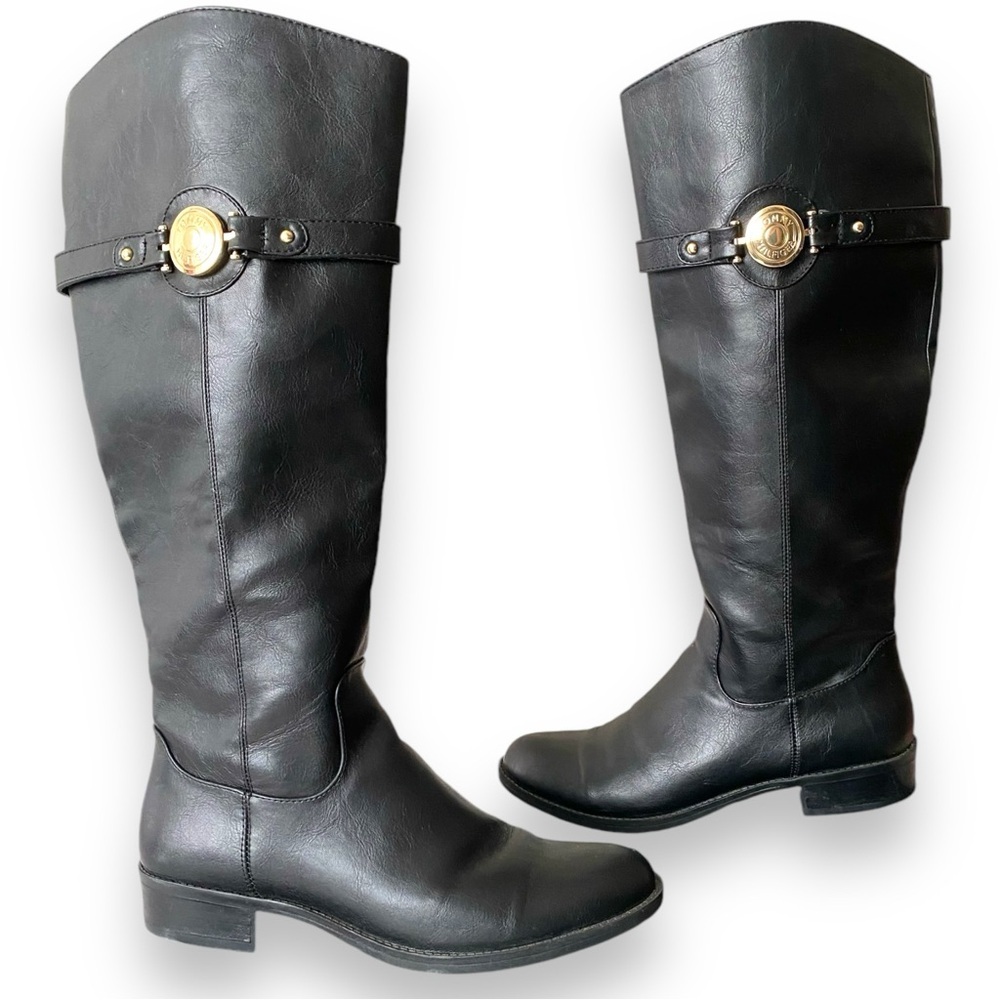 Tommy Hilfiger Dabian Black Ridding Faux Leather Boots Tall Round Toe Low Heel